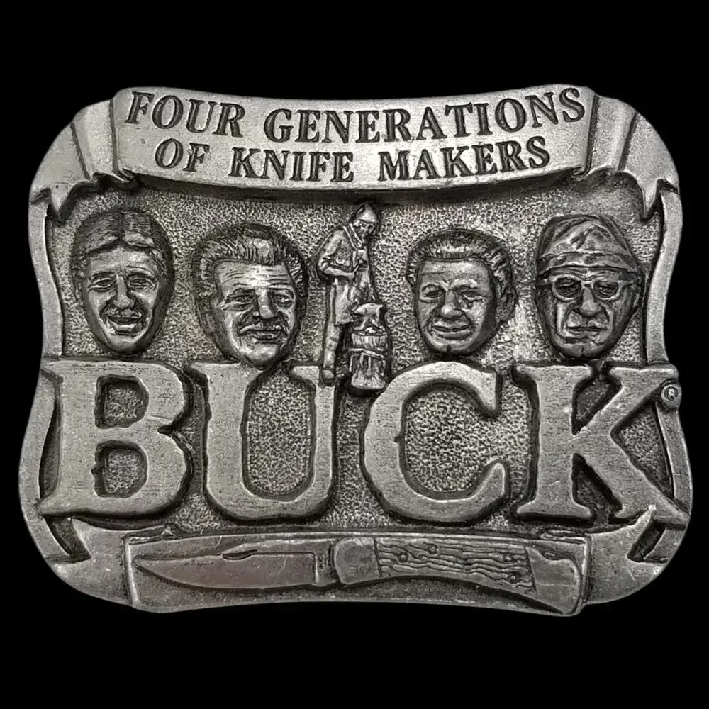 Buck Four Generations Knife Makers Silver Tone Pewter Vintage Belt Buckle‎